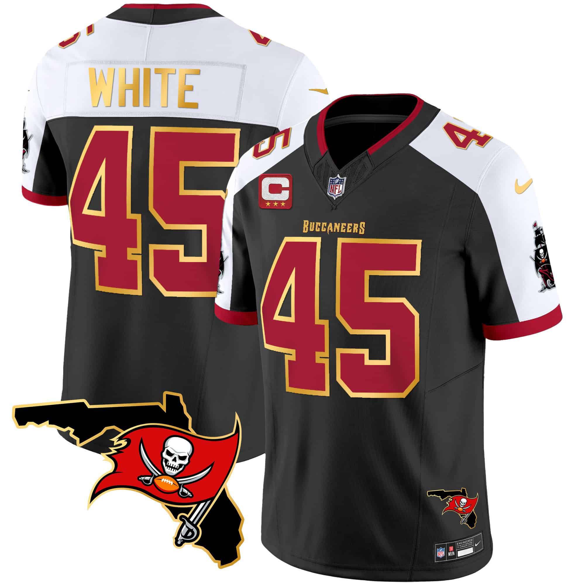 Men Tampa Bay Buccaneers 45 White Black 2024 Nike Florida Patch Gold Trim Vapor NFL Jersey